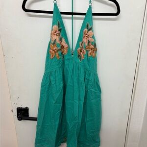 Free People Teal Mini Dress with Floral Embroidery